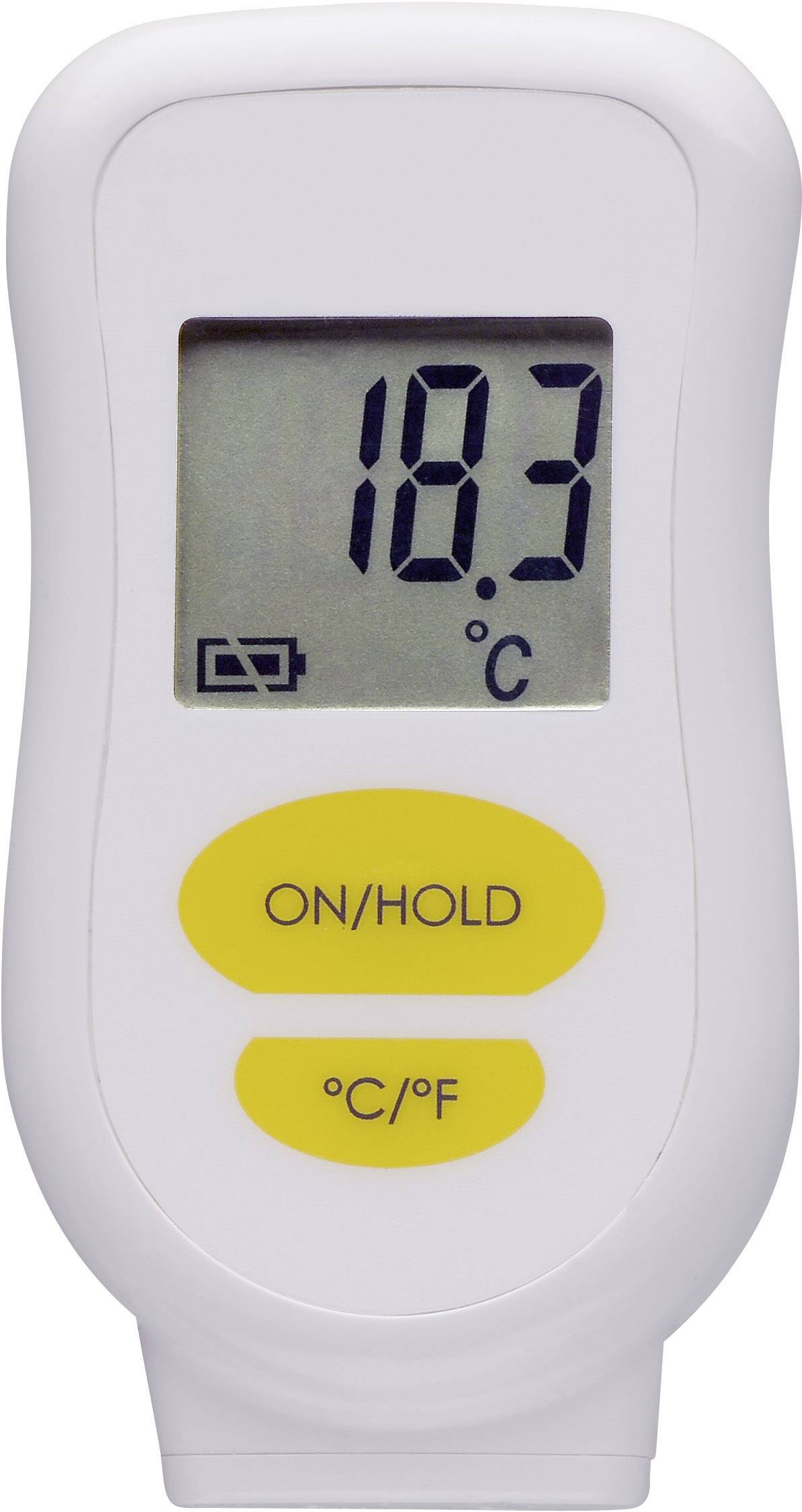 Digital thermometer displays '18.3 °C'. Two yellow buttons underneath, labelled 'ON/HOLD' and '°C/°F'.