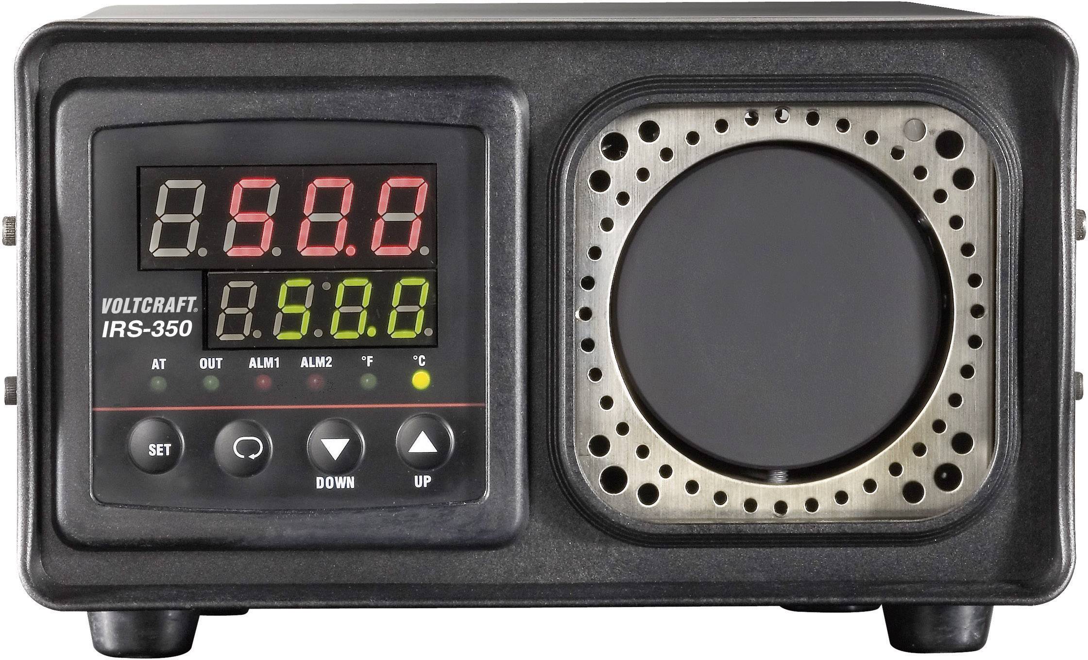 An infrared temperature calibrator with a digital display, showing current and target temperature. Adjustment buttons located underneath.