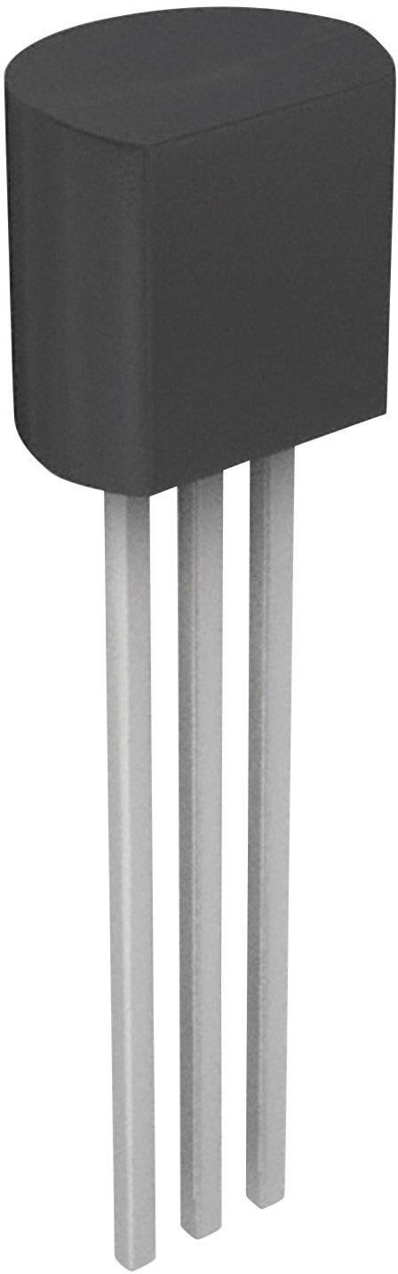 A three-legged transistor in a black casing. The three metal contacts are arranged in a single line.