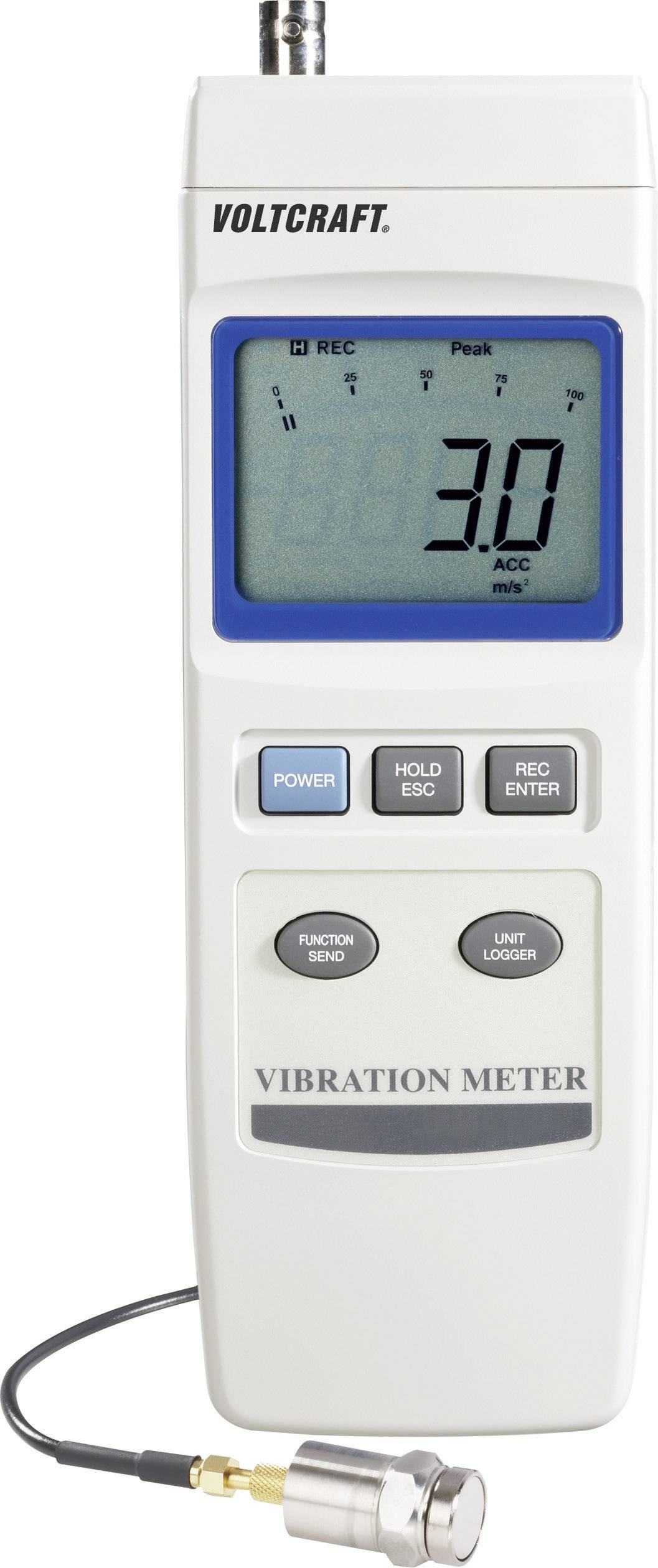 A hand-held vibration measurement device with a digital display shows a reading of '3.0'. Various function buttons, marked with 'POWER', 'HOLD ESC', 'REC ENTER', and a sensor cable are visible.