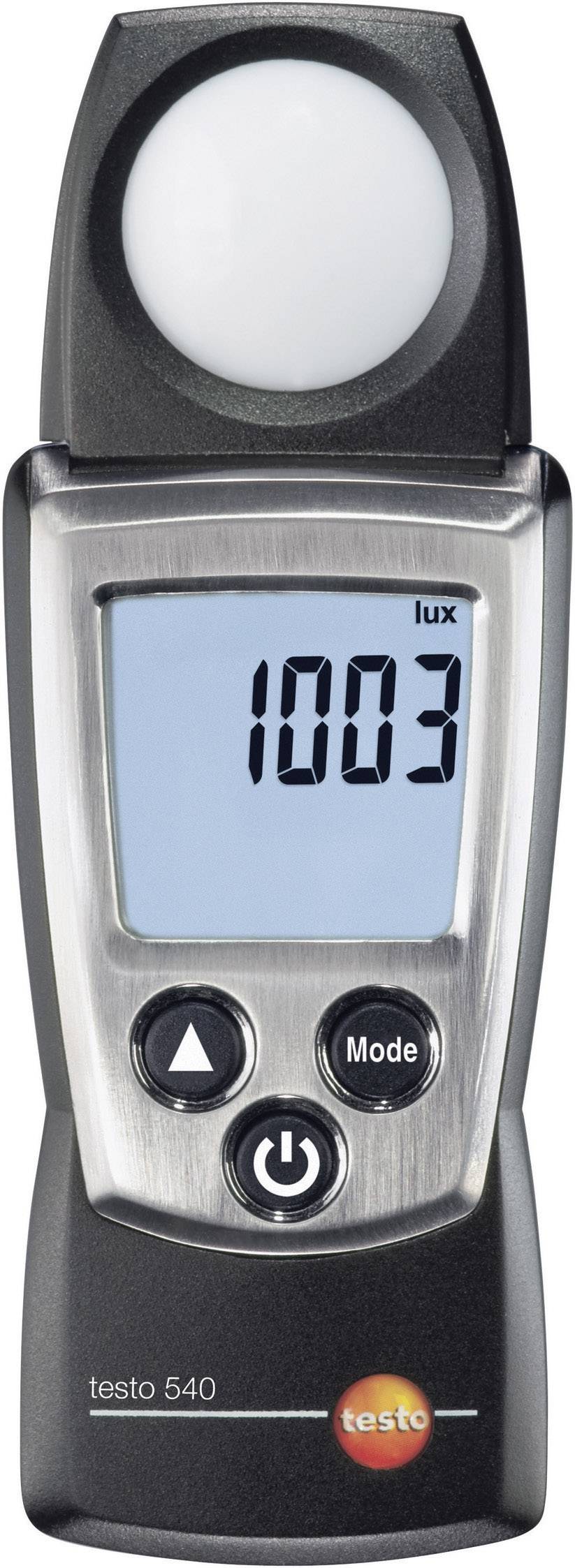 Illuminance meter with backlit display showing '1003 lux'. Mode and power buttons visible underneath.