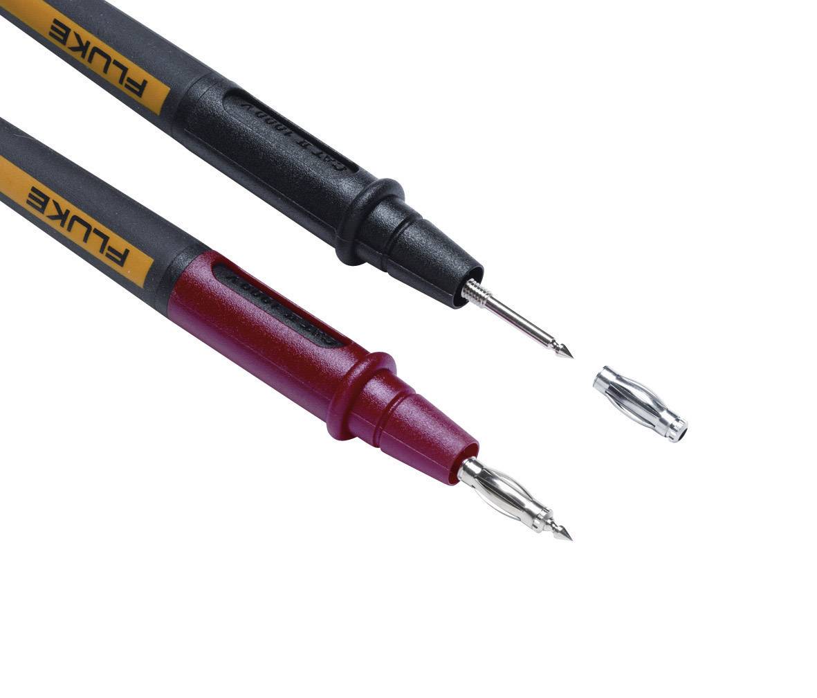 Two test probes, one black, one red, with a removable metal cap between them. Text 'Fluke' on both handles.