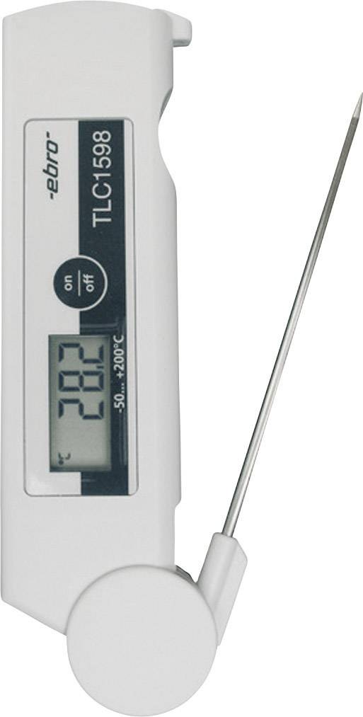 Digital thermometer with folding probe showing 28.2 °C. On the left is an on/off switch. Suitable for -50 to 200 °C.