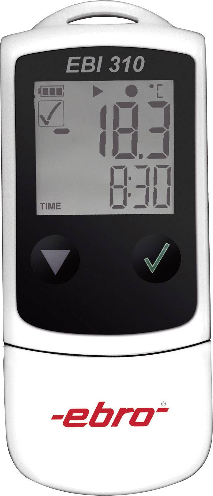 A digital thermometer with the display 'EBI 310'. Showing a temperature of 18.3 degrees Celsius and a time of 8:30 am.