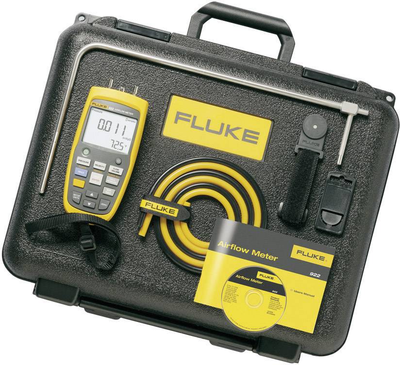 A suitcase with a digital air flow measuring device, yellow cable, user manual and accessories, all labelled with 'FLUKE'.