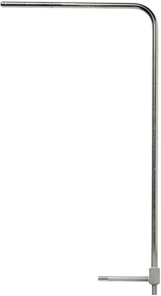 A silver, L-shaped metal tool with a curved shaft and short handle, used for torque transmission when working with screws.