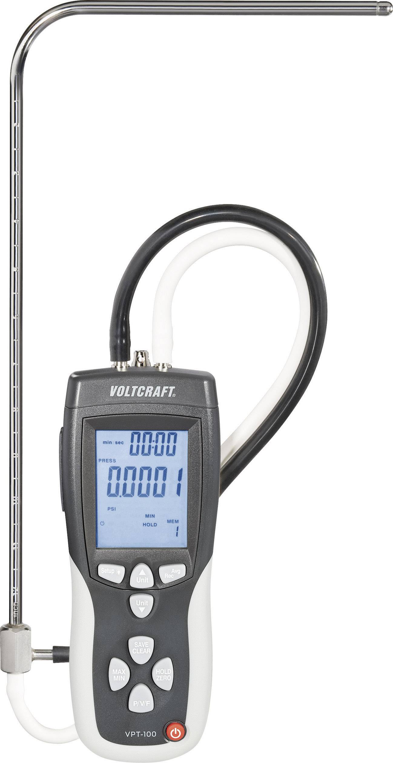 A Voltcraft digital anemometer with a display shows measurement values. It stands out due to its curved measuring tube.