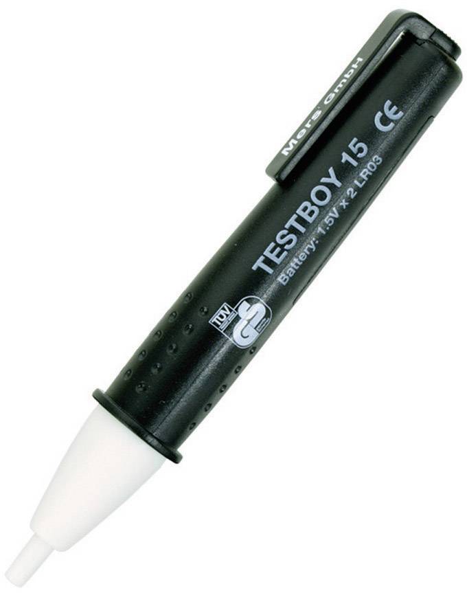 Voltage tester with black casing and white tip, model 'TESTBOY 15'. Uses 1.5V battery Type LR03.