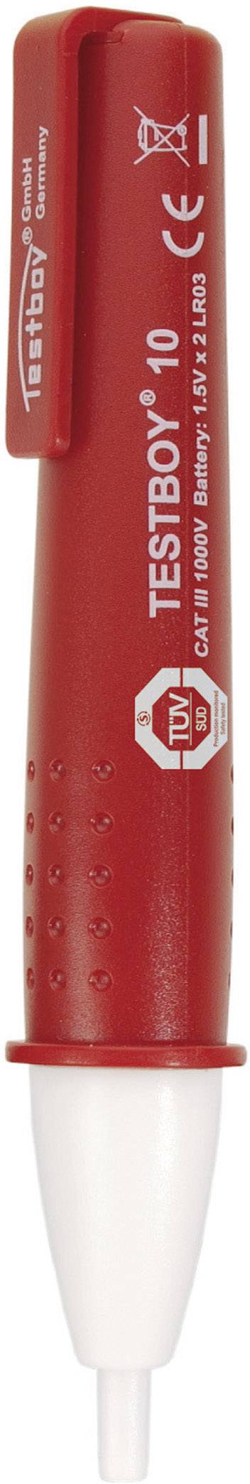 A red voltage tester with the inscription 'Testboy 10'. The clip shows the marking 'CAT III 250 V'.