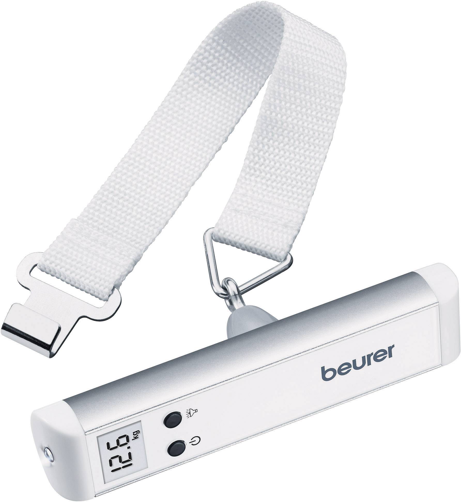 Digital luggage scales with a digital display showing '12.6 kg', featuring a white strap and metal hooks.