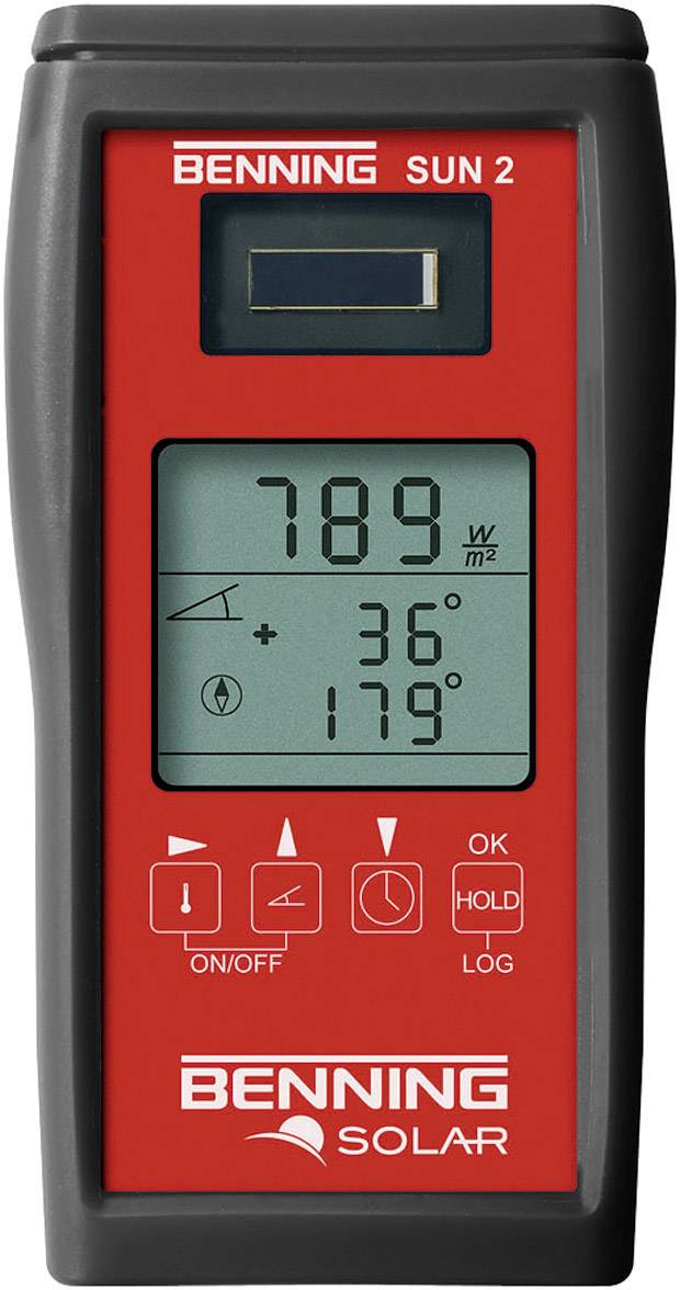 Digital solar measuring device with LCD, displaying 789 W/m², angle 36 degrees and arrow symbol. 'Benning Solar' marking visible at the bottom.