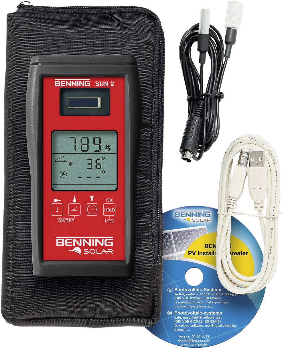 Measuring device for solar installation in a black case, displaying '789' and '36°' on the screen. Includes USB cable and instruction manual CD.