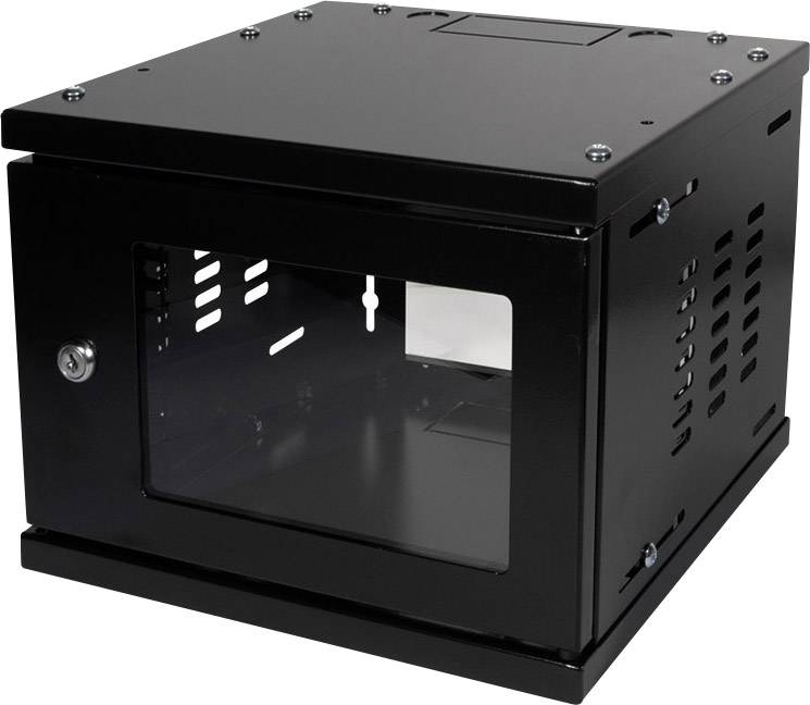 Black 19-inch rack enclosure with glass door and ventilation slots, suitable for wall mounting in server rooms.