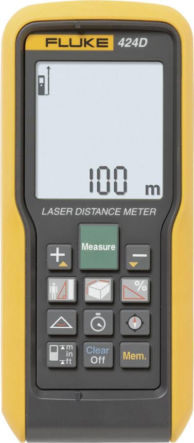 Laser distance measurer with display, showing '100 m'. Colourful buttons for operation, yellow casing.
