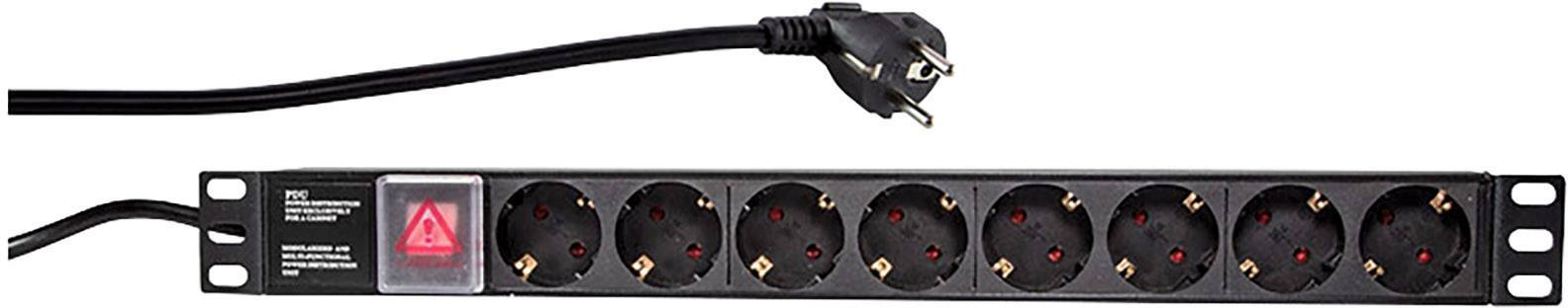 Black power strip with eight Schuko sockets and a network switch. Suitable for 19-inch rack mounting.