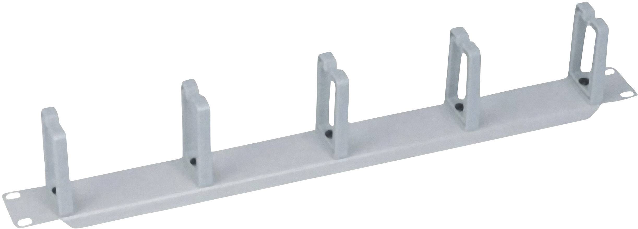 A grey cable management panel with six vertical cable holders for neatly securing cables in IT racks.