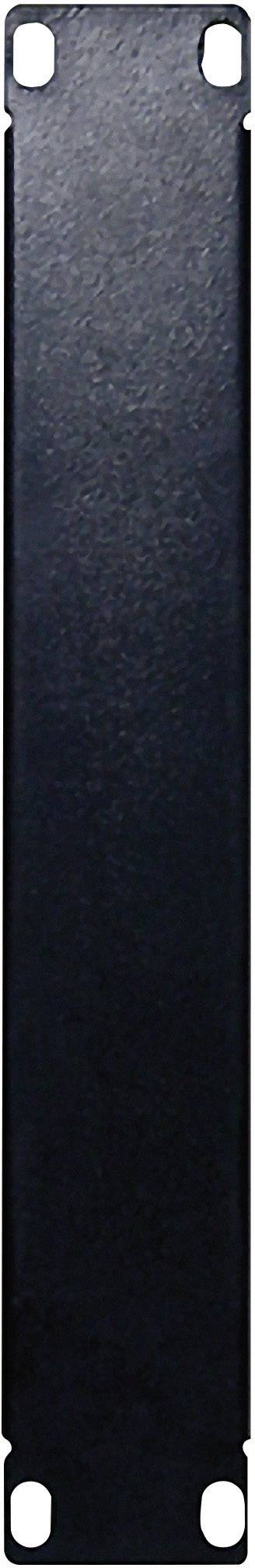 Rectangular, narrow, black metal plate with four rounded corners; could be used as a cover or casing.