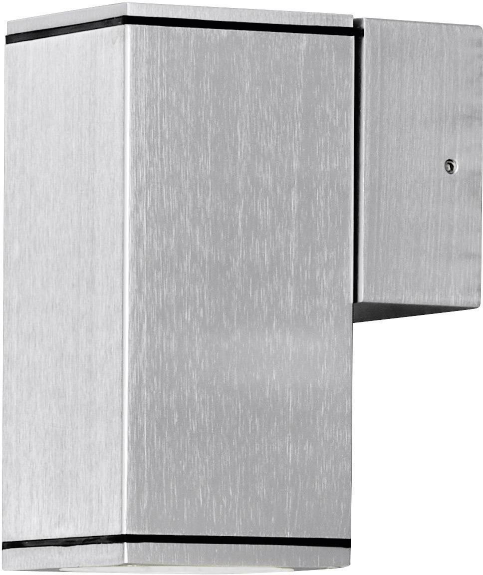 A modern, rectangular wall light made of brushed metal with a sleek, minimalist design.