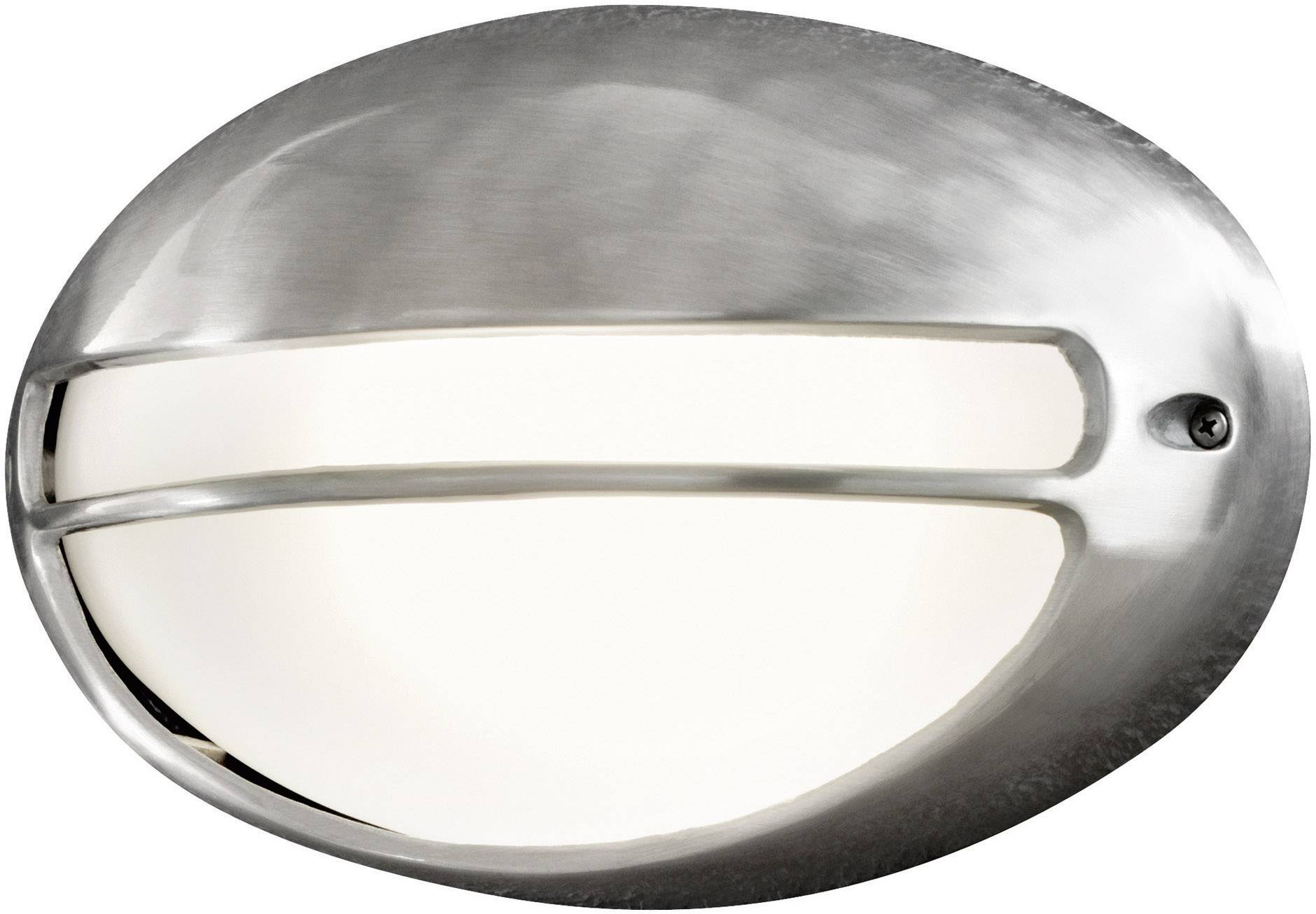 A metal wall light with an oval white light panel and two horizontal metal struts. It is suitable for both indoor and outdoor use.