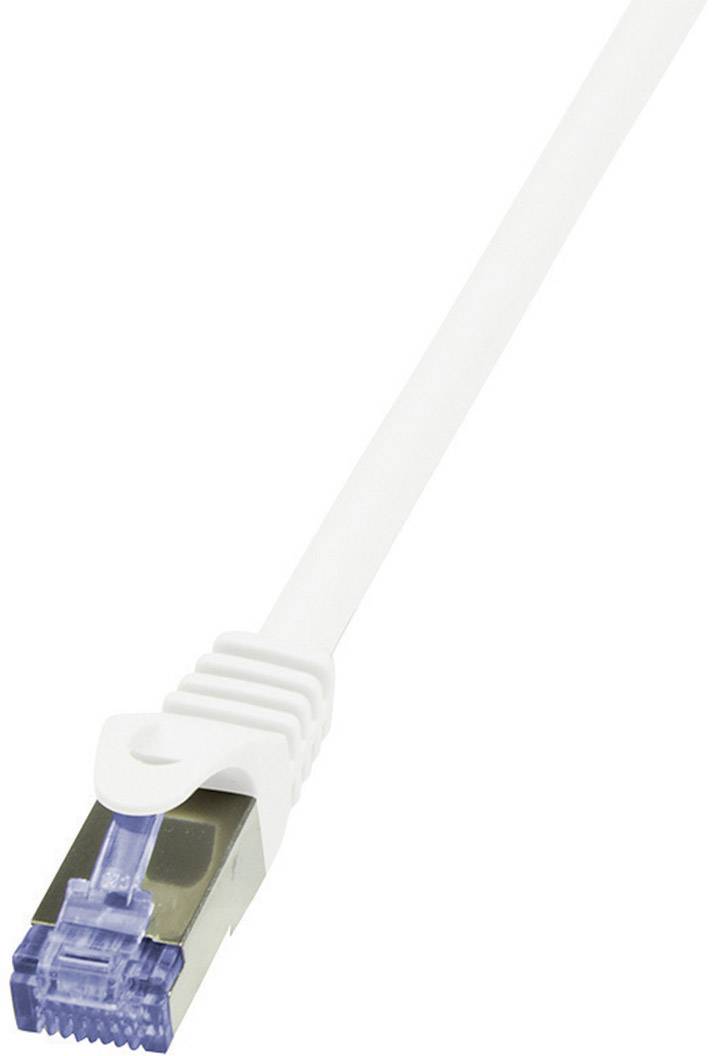 A white Ethernet cable with a transparent blue connector, used for network connections.
