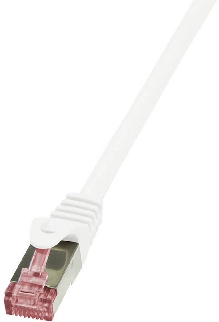 Network cable with white sheathing and red RJ45 connector, used for connecting computers and network devices.