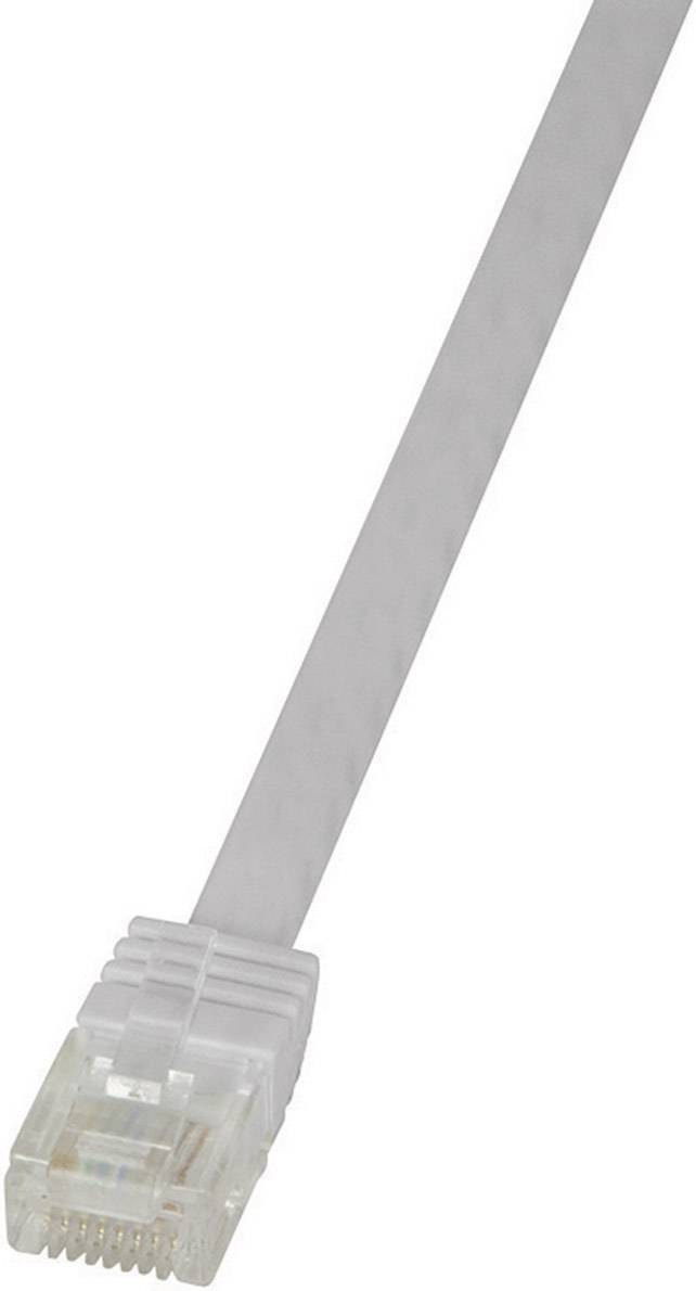 A white Ethernet cable with a transparent RJ-45 connector at the end.
