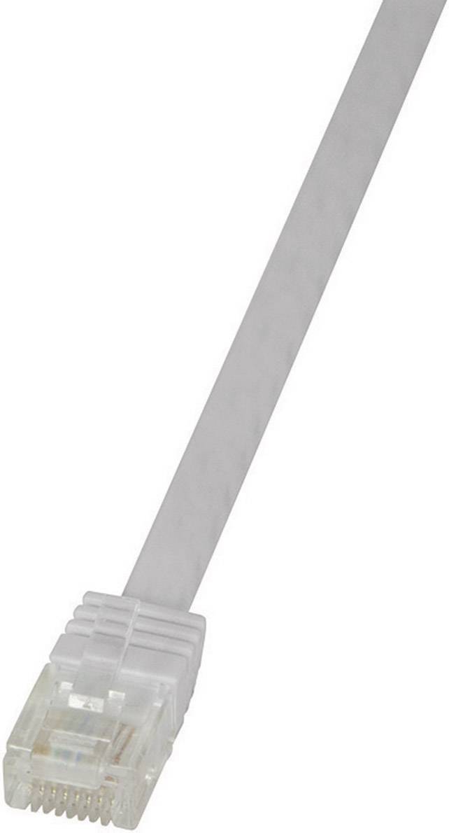 A white Ethernet cable with RJ-45 connector on a white background.