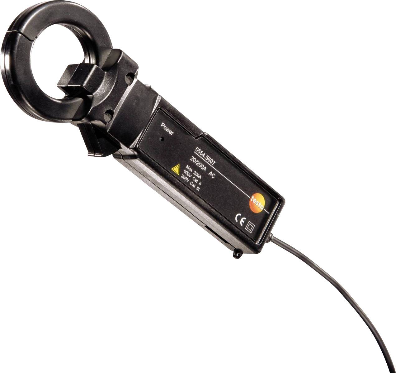 Black current clamp with cable. Suitable for measuring alternating current up to 200 A. Product by Testo brand.