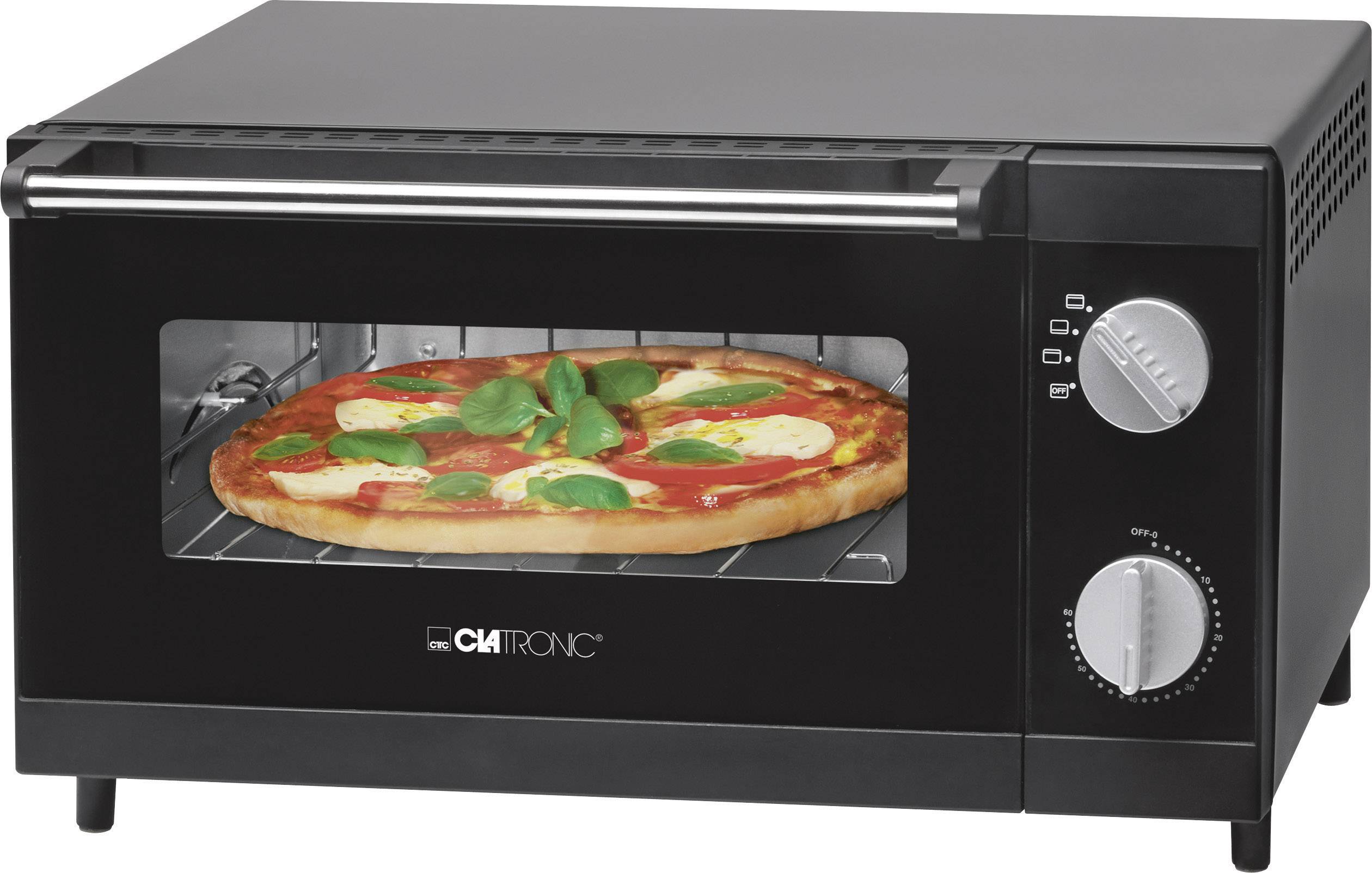 A black mini oven with a pizza inside. The oven has two control knobs on the right, one for temperature and the other for time.