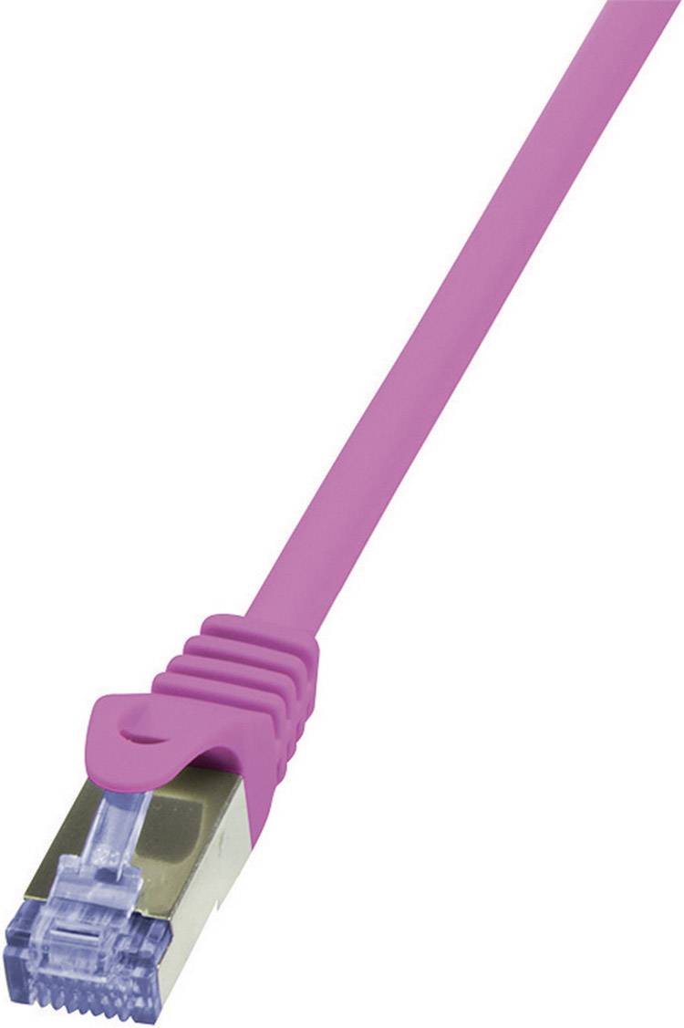 A pink Ethernet cable with a transparent, blue connector, used for network connections.