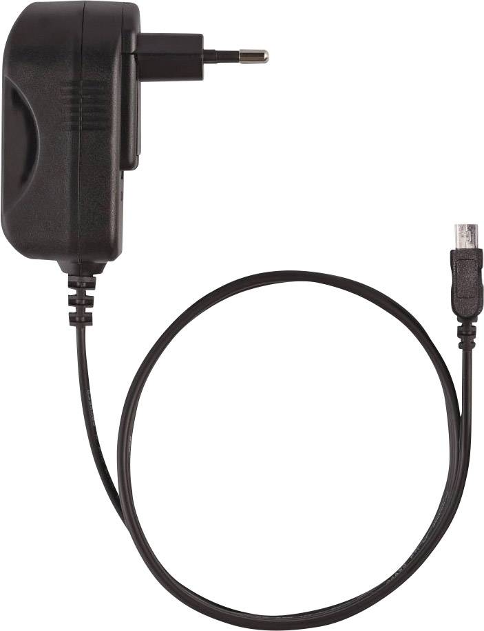 A black power supply with EU plug and permanently attached cable terminates in a micro-USB connector.