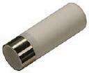 A white cylinder with a metallic end, lying horizontally. It could be a container or a technical component.