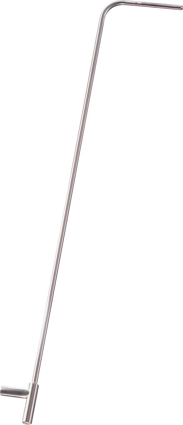 A long, curved metal rod with a small, cylindrical handle at the end.
