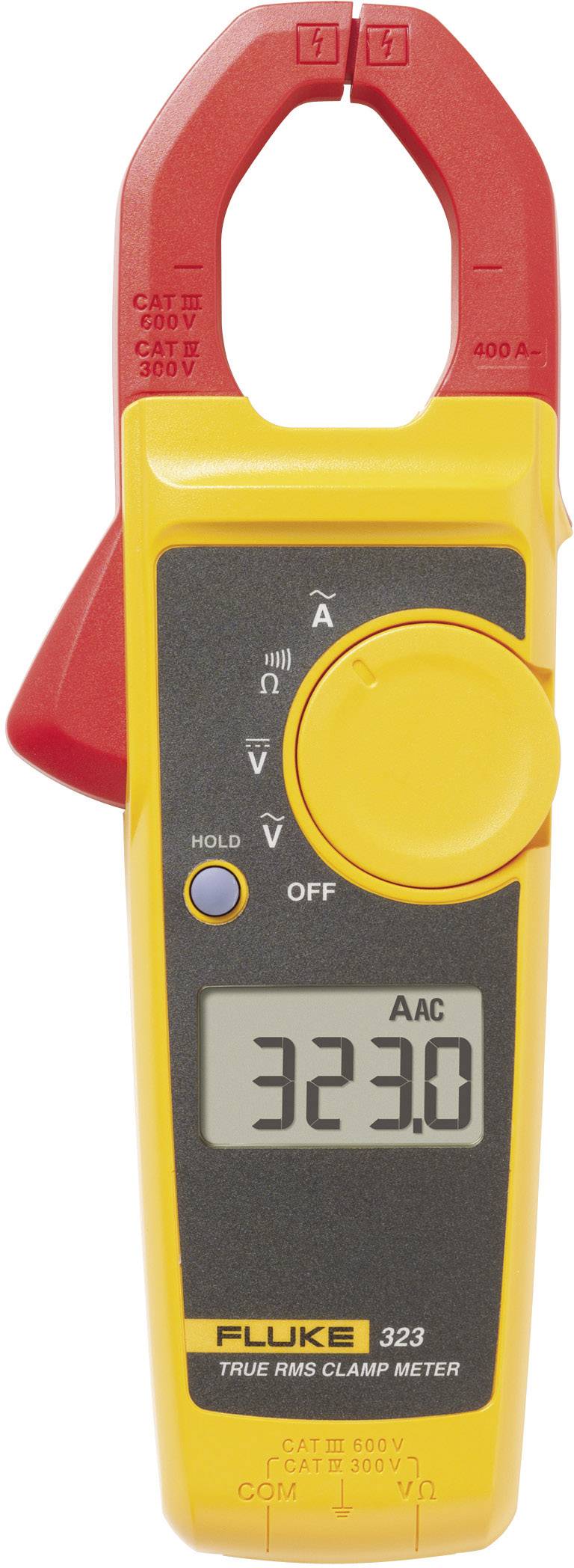 A yellow and red clamp-type multimeter displays '323.0 AAC' on the screen, model number 323.