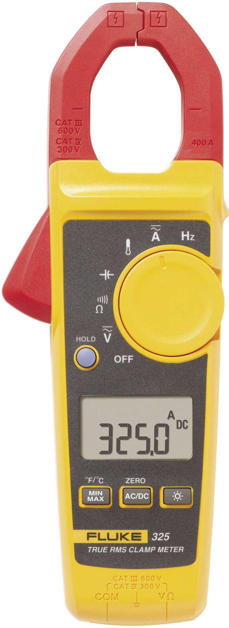 A digital clamp meter with display showing 325.0 amperes direct current, in a yellow-red casing, with scales and control buttons.