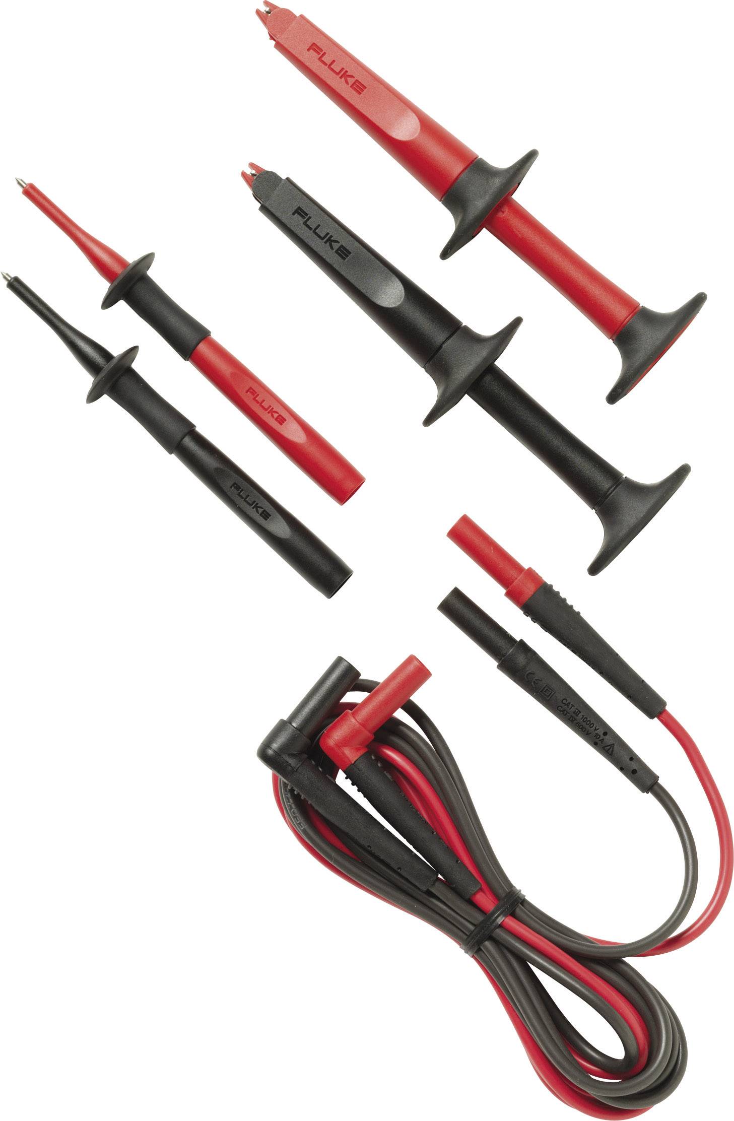 Four measuring leads in black and red with measurement probes and crocodile clips, used for electrical measurements.