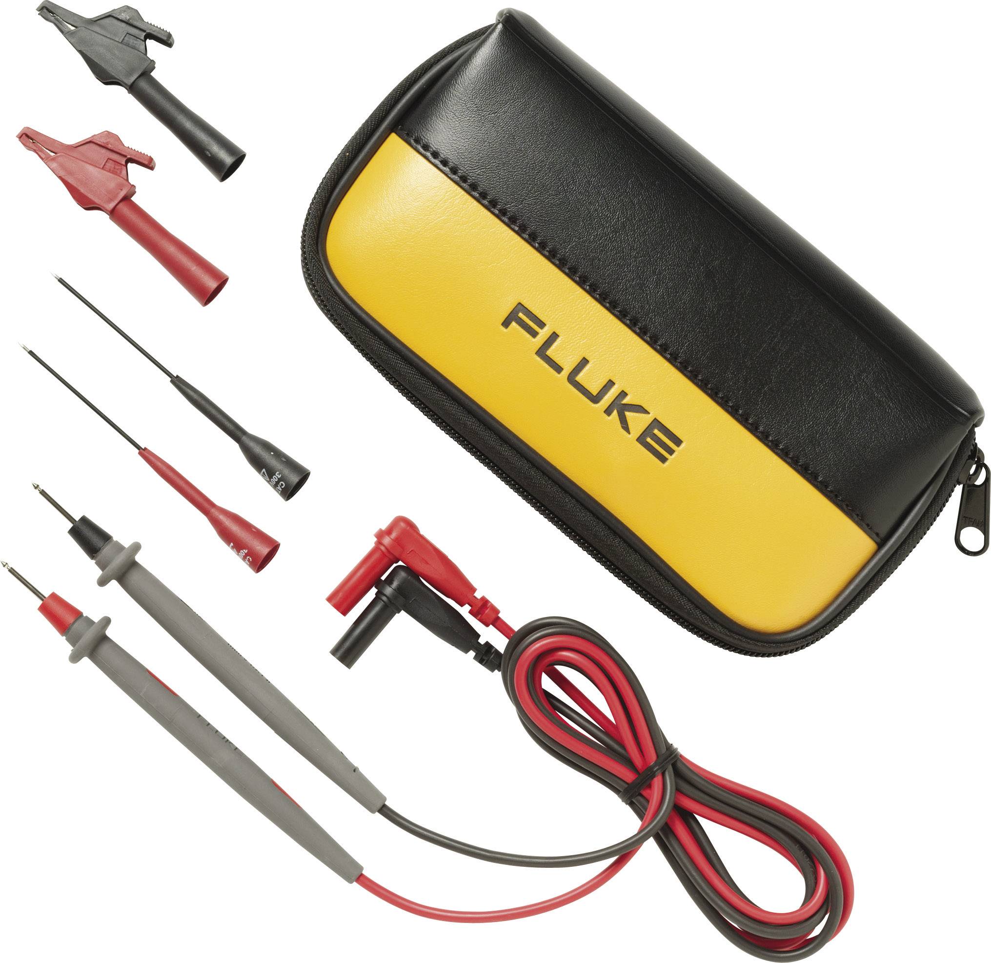 Measuring accessory set with test leads, probes and crocodile clips, alongside a yellow and black case bearing the 'Fluke' logo.