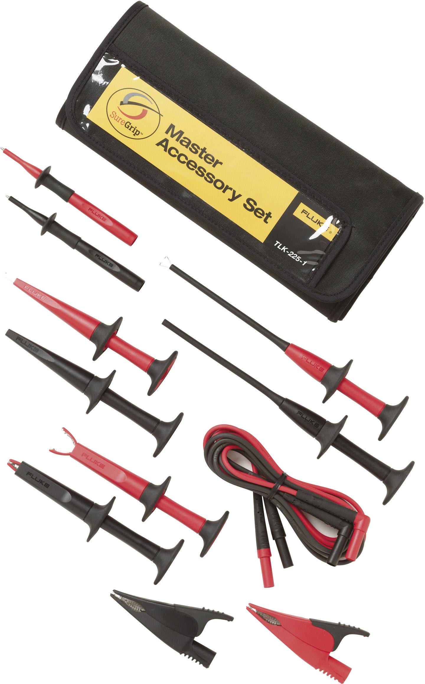 A master accessory set with various test probes and cables, primarily in red and black, for electrical measurement.