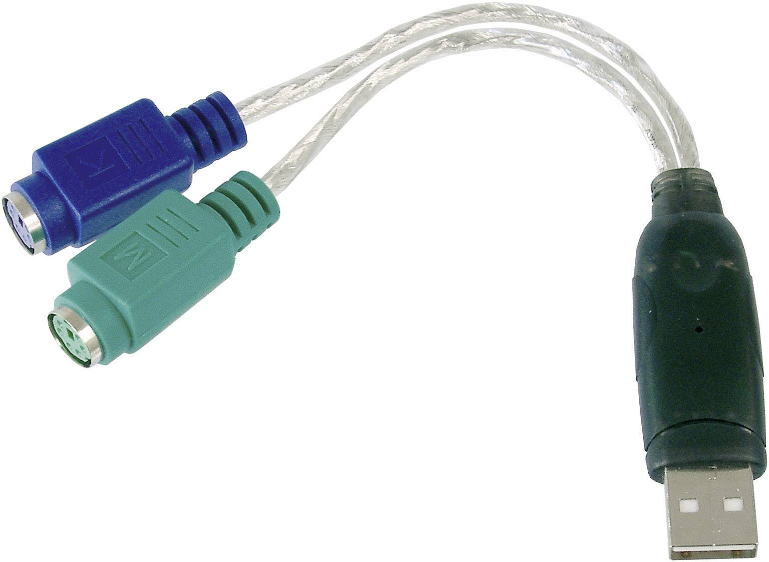 A USB to PS/2 adapter with a USB plug and two PS/2 ports, one blue and one green, on a white background.