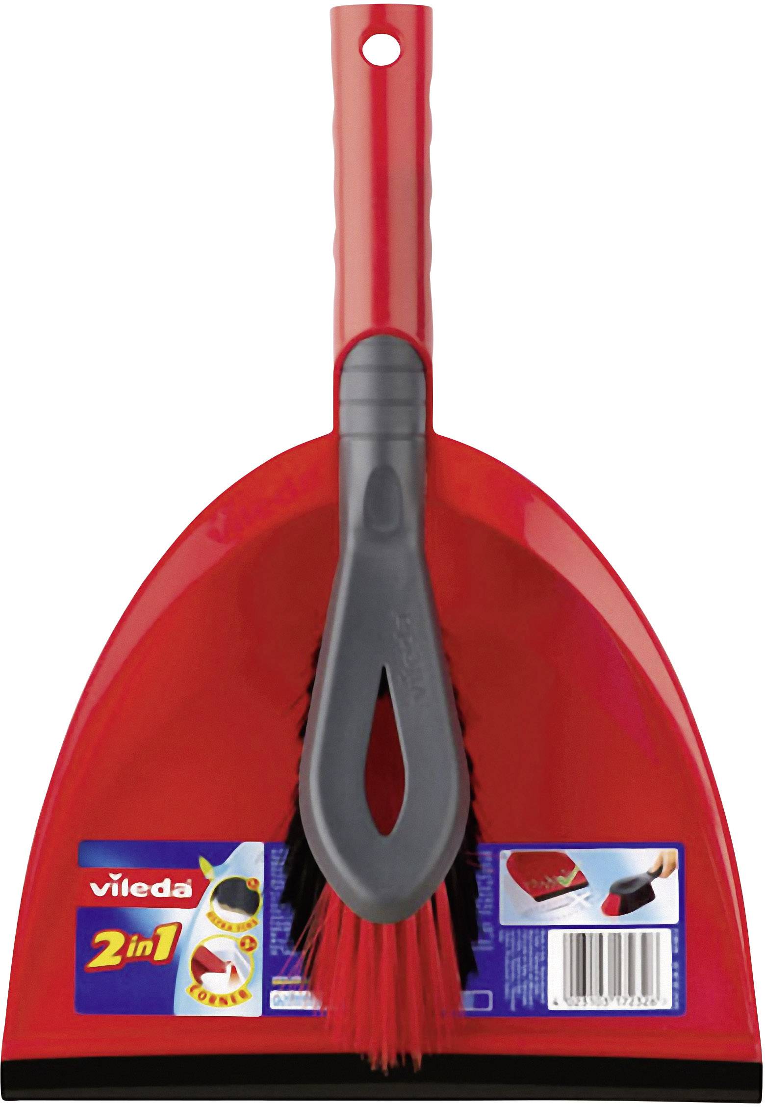 Red dustpan with integrated brush by Vileda, labelled as '2 in 1', shown on packaging.