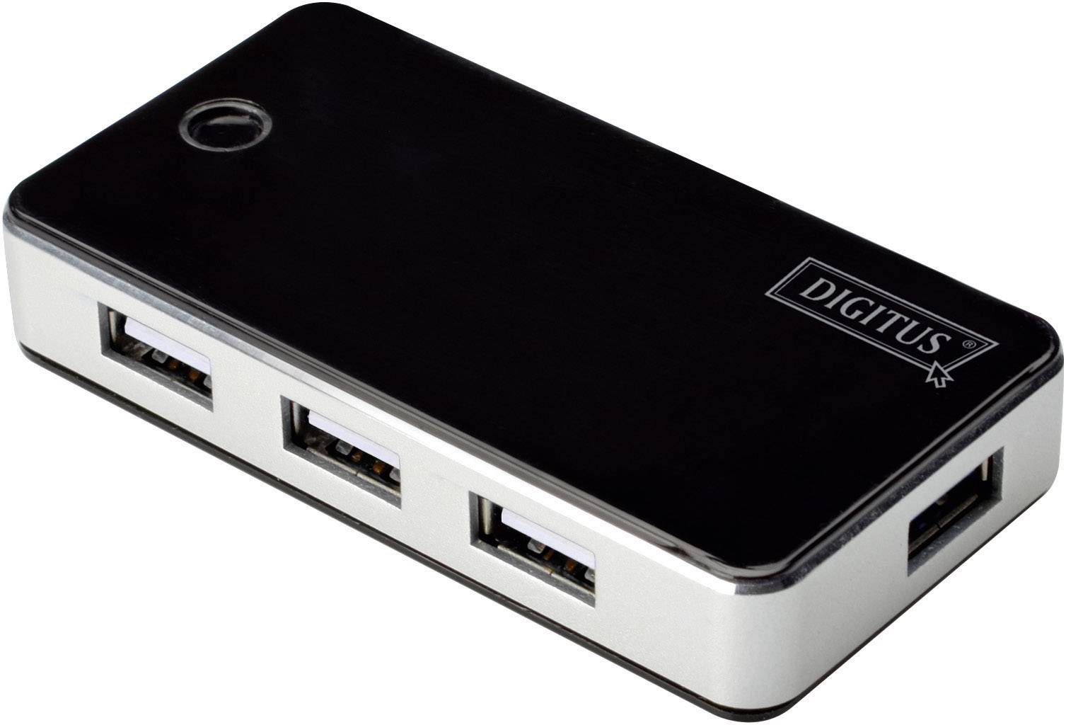 A black USB hub with four USB ports, a round button, and the 'DIGITUS' lettering on the top surface.