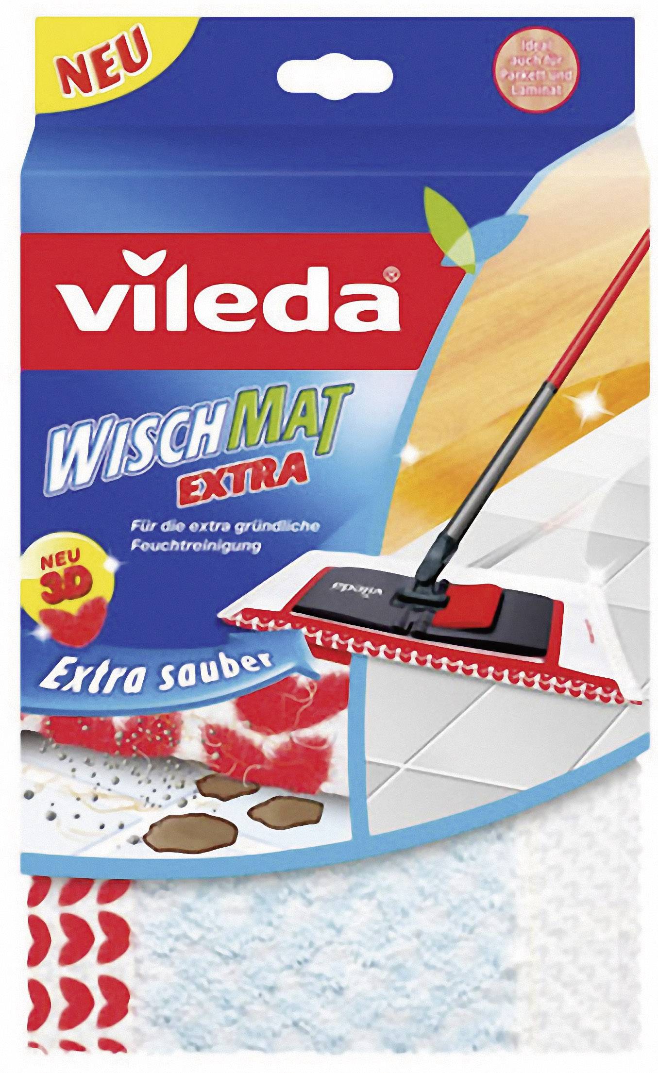 Product packaging for the 'Vileda Wischmat Extra', showing a floor mop with a red handle and a clean tiled pattern.