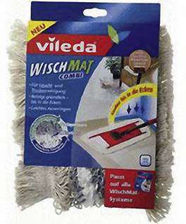 Packaging for a Vileda floor mop, 'WischMat Combi', compatible with all 'WishMat Systems'. Includes an illustration of a red mop.