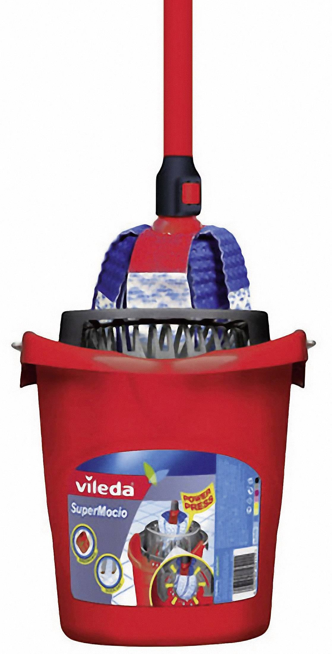 Red bucket with blue print 'Vileda SuperMocio' and integrated mop wringing system, includes a matching floor mop.