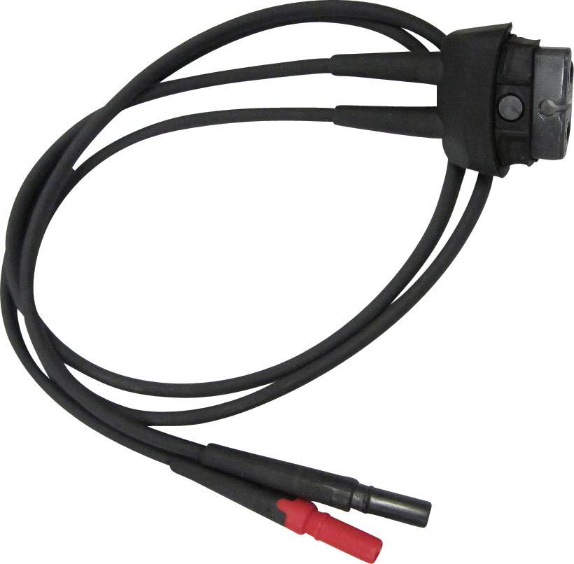 Black triple automotive battery terminal with one red and two black connectors. Used for connecting electronic components.
