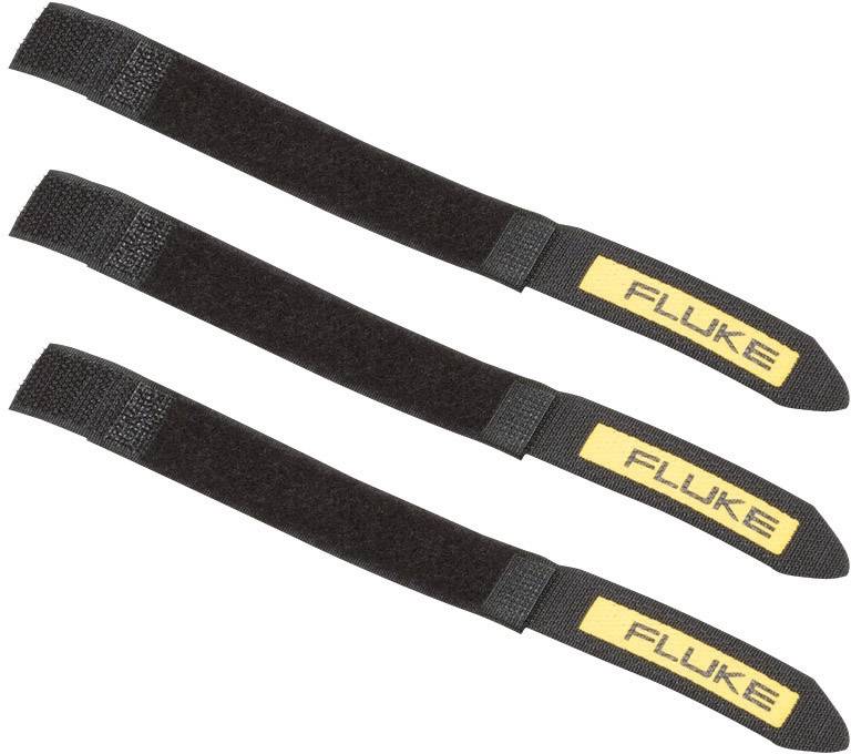 Three black hook and loop fasteners with yellow 'Fluke' logo. They are used for securing or bundling cables.
