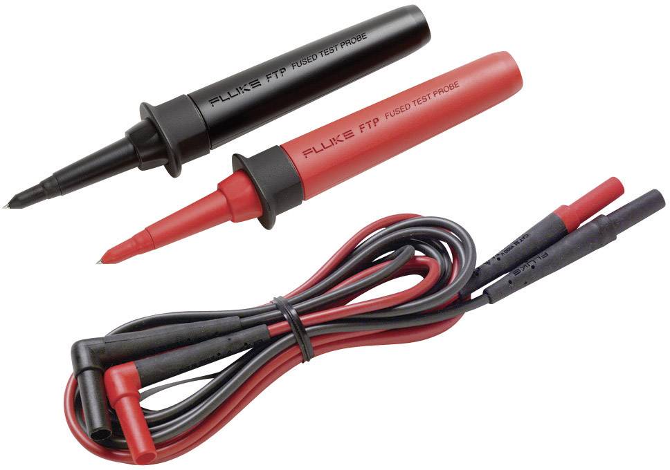 Two test probes, one red and one black, with a connected cable. They are used in electrical tests.