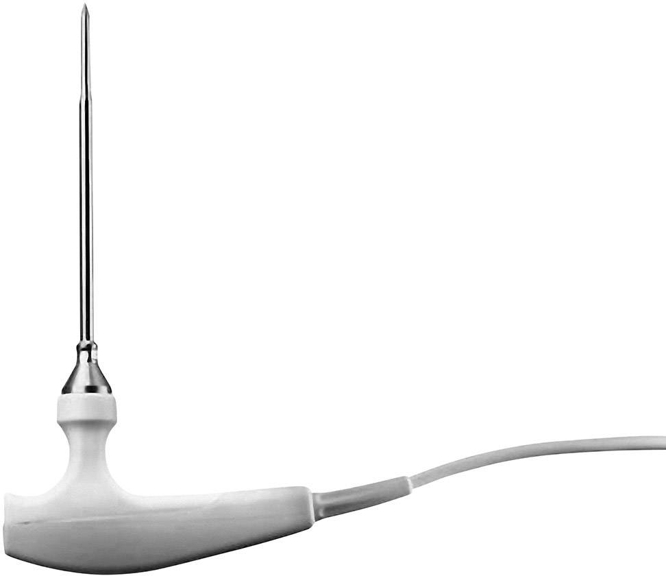 Temperature sensor with a long, thin metal probe and a white plastic base, connected by a cable.