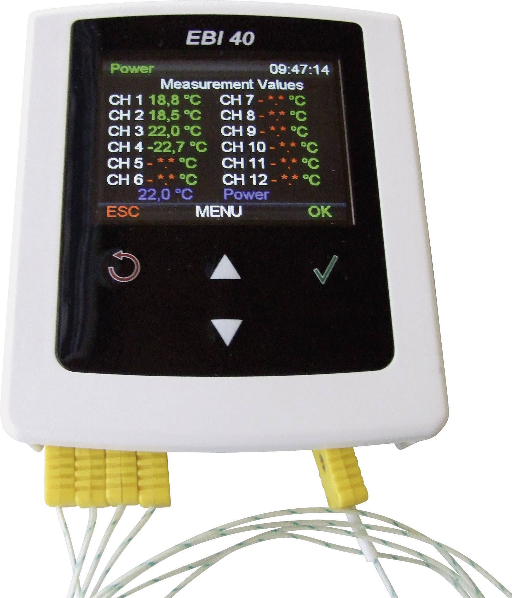 An electronic device with a screen displays measurement values for 12 channels, including temperatures in degrees Celsius. At the top it reads 'EBI 40'.