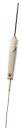 White, oblong electronic thermometer with a metal tip, used for measuring body temperature.